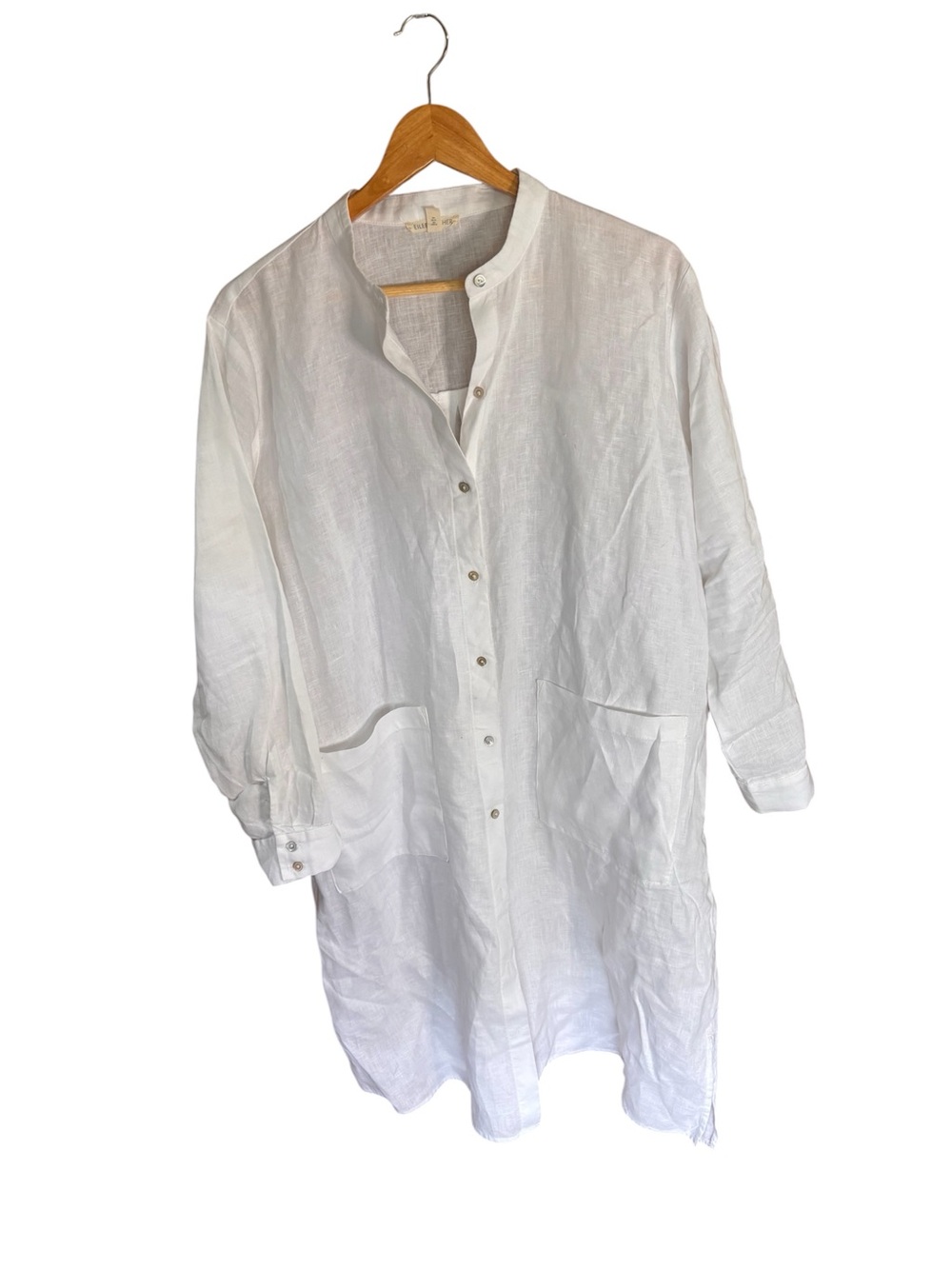 Eileen Fisher White Linen Mandarin-Collar Shirt Dress - Picture 2 of 4